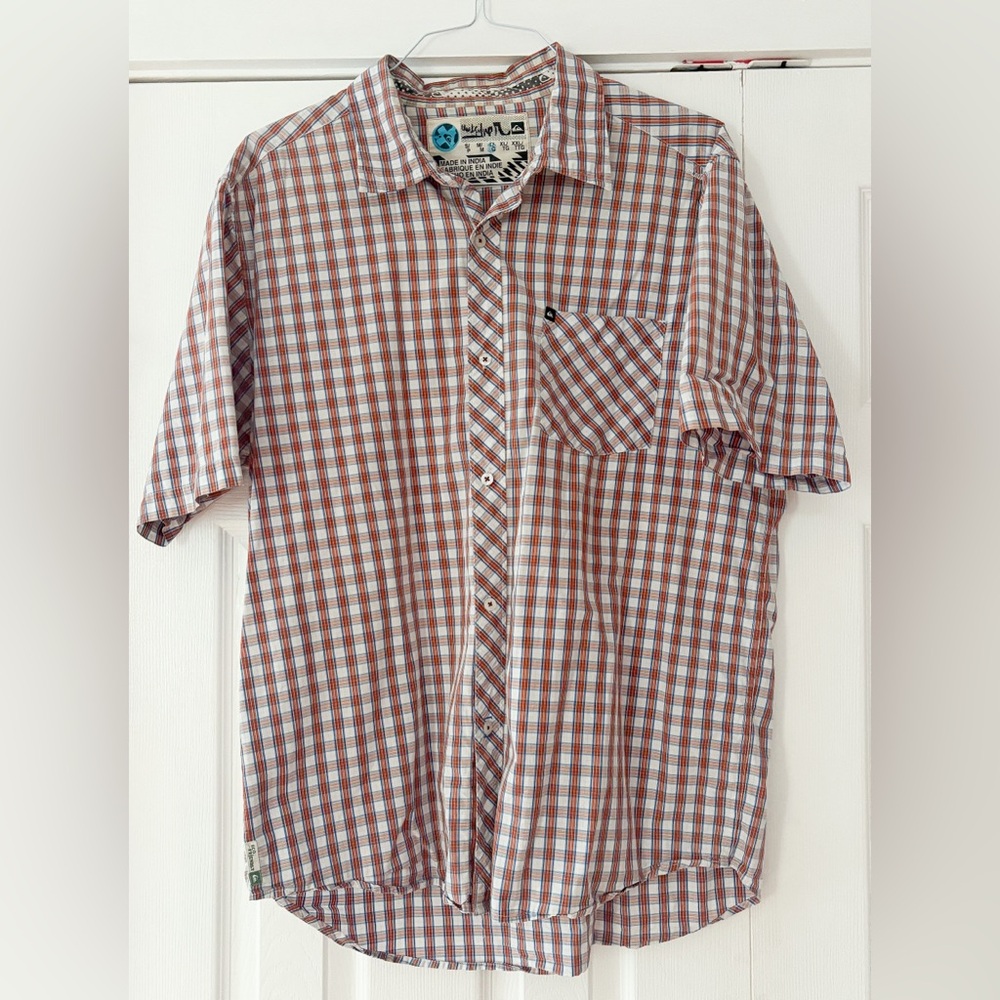 Quicksilver Vintage Orange and White Plaid Button Down Shirt Size Large EUC